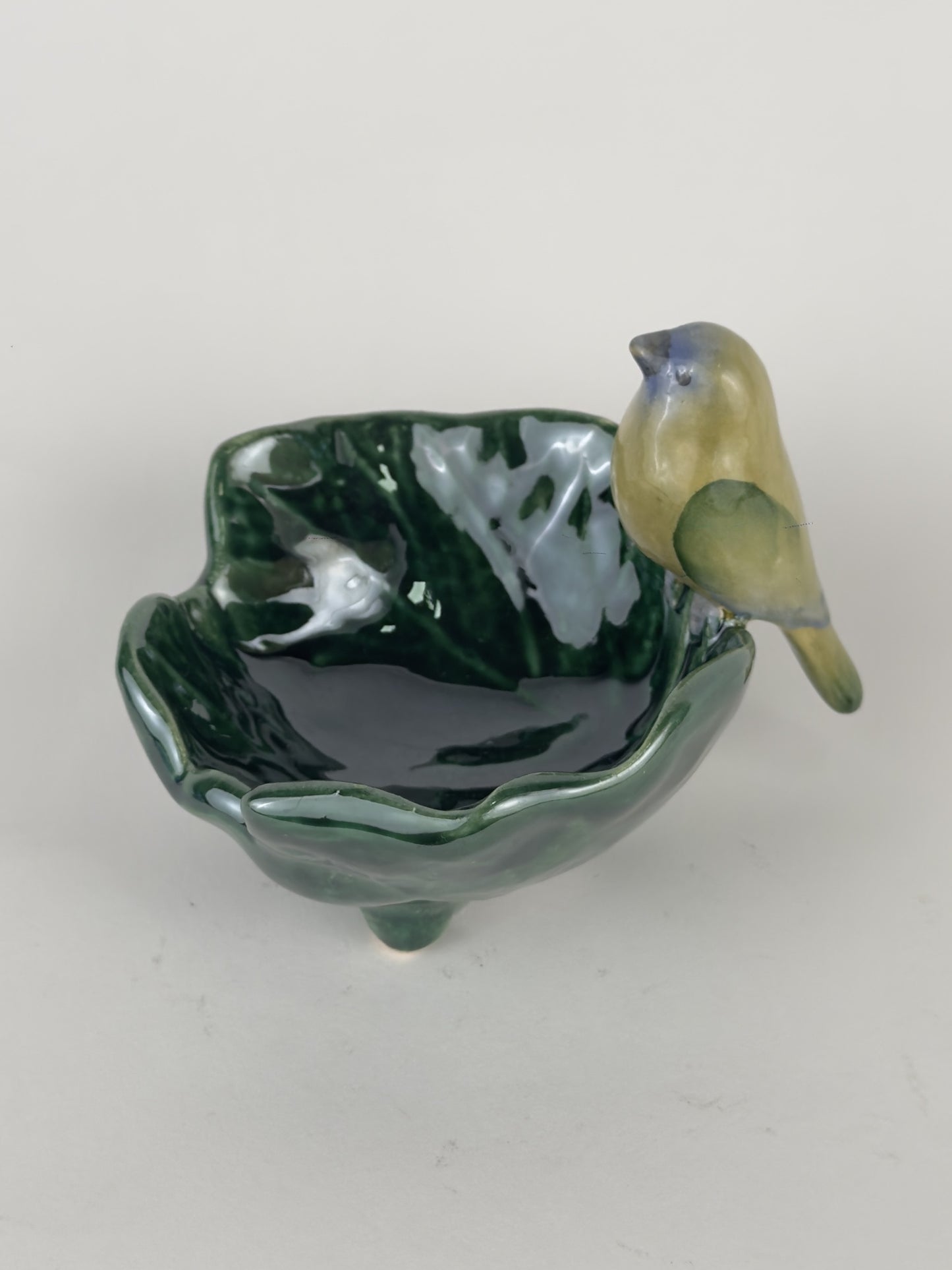 Bowl Petisqueira de Cerâmica Folha com Passarinho Verde
