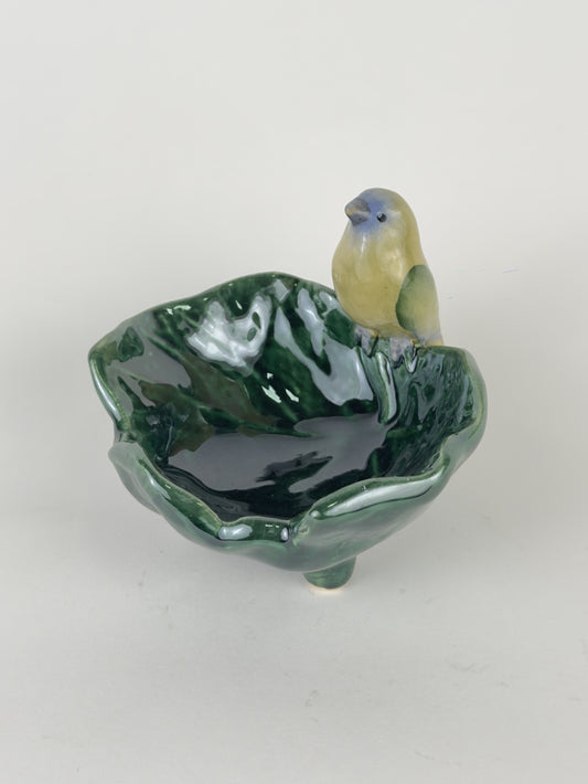 Bowl Petisqueira de Cerâmica Folha com Passarinho Verde